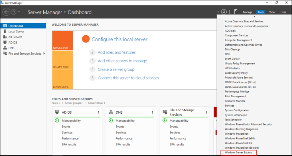 open windows server backup tool